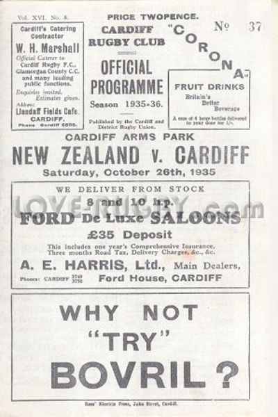 1935 Cardiff v New Zealand  Rugby Programme